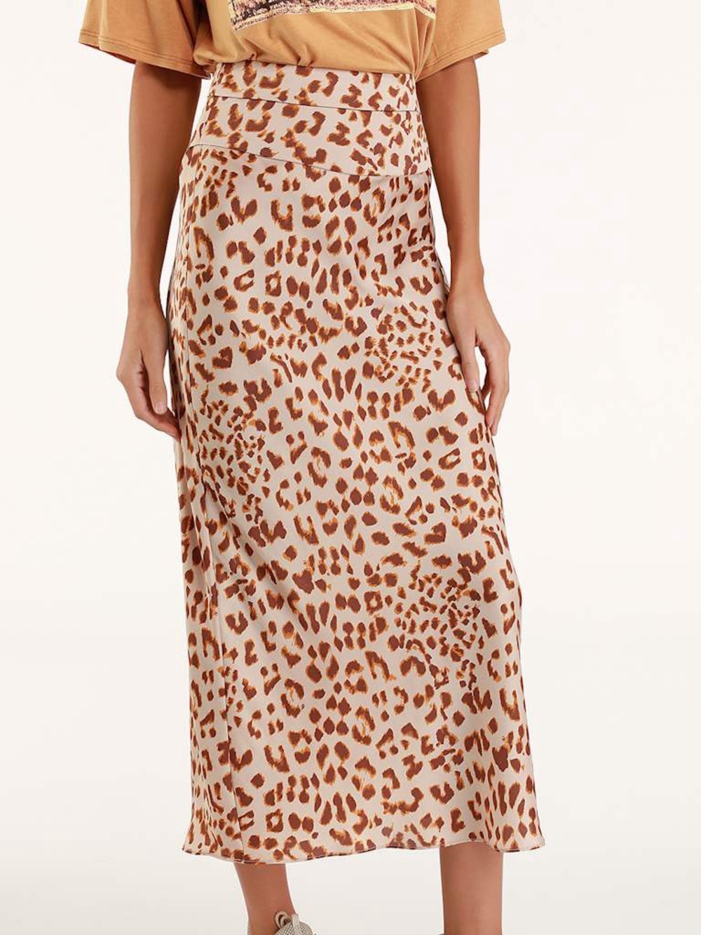 Free People Normani Brown Leopard Print Satin Midi Skirt